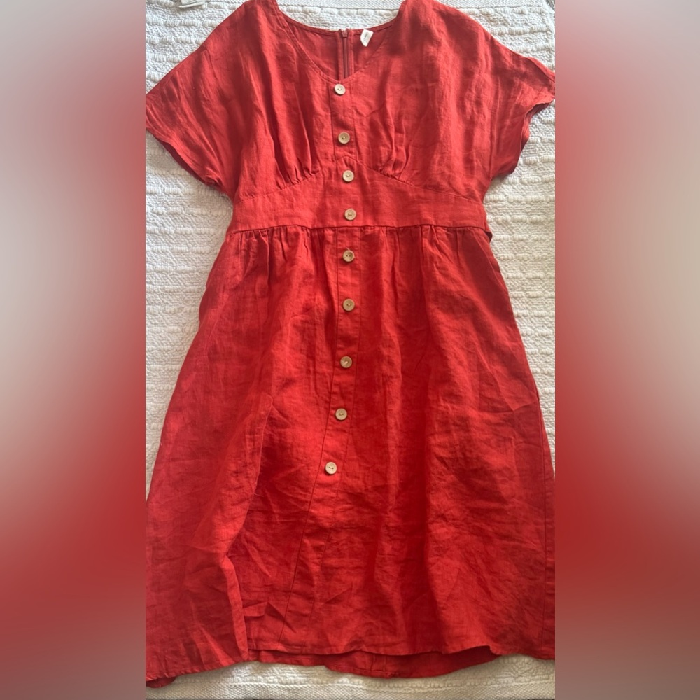 Grae Cove 100% Linen Red Button-Front Dress v-neck Sz Medium